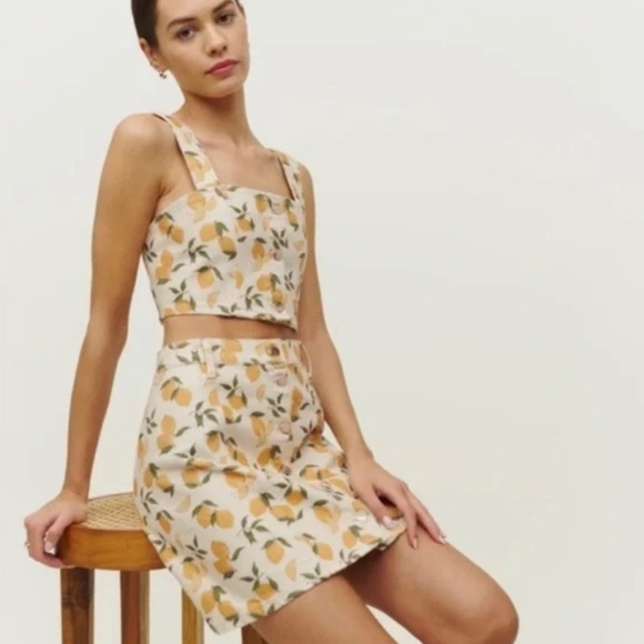 NEW NWT Reformation Chrissy Denim Two Piece Set Limoncello Lemon - Picture 1 of 8